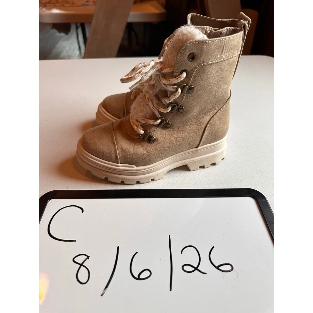 Art Class Girls Tan Faux Suede Shearling Combat Boots Size 13 Side Zip Lug Sole